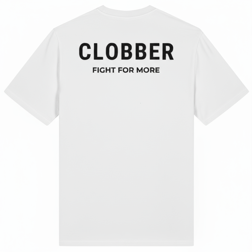 White t-shirt with black text on the back on a white background.