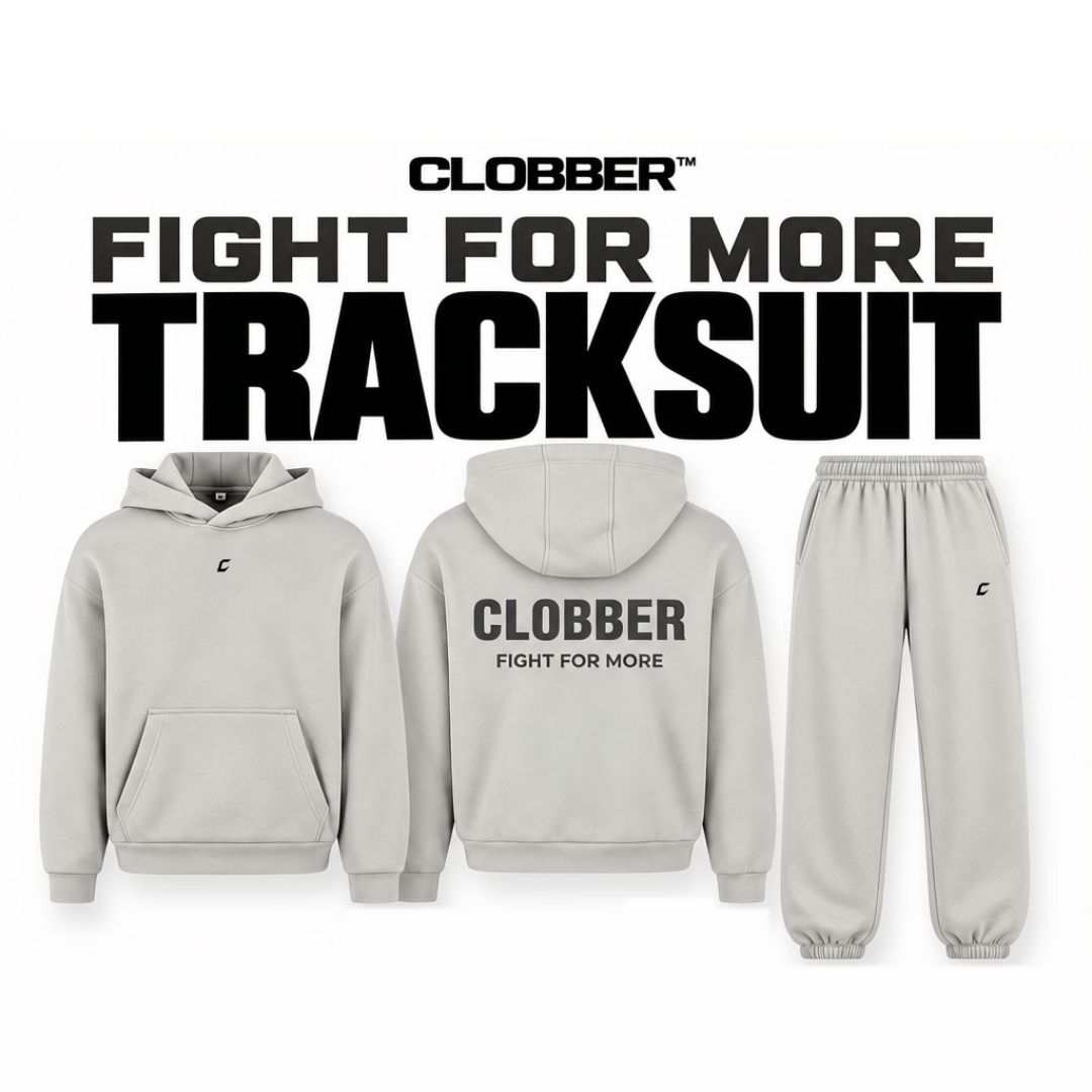 CLOBBER™ Fight For More tracksuit collection graphic showing hoodie and joggers