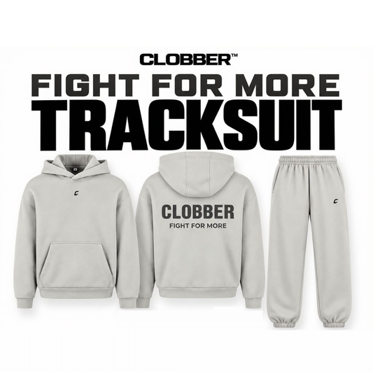CLOBBER™ Fight For More tracksuit collection graphic showing hoodie and joggers