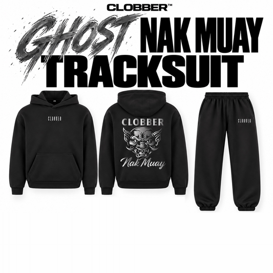 CLOBBER™ Ghost tracksuit collection graphic showing hoodie and joggers