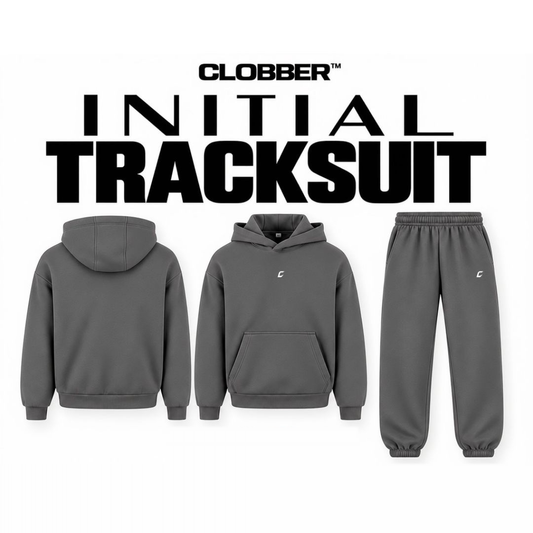 CLOBBER™ Initial tracksuit collection graphic showing hoodie and joggers