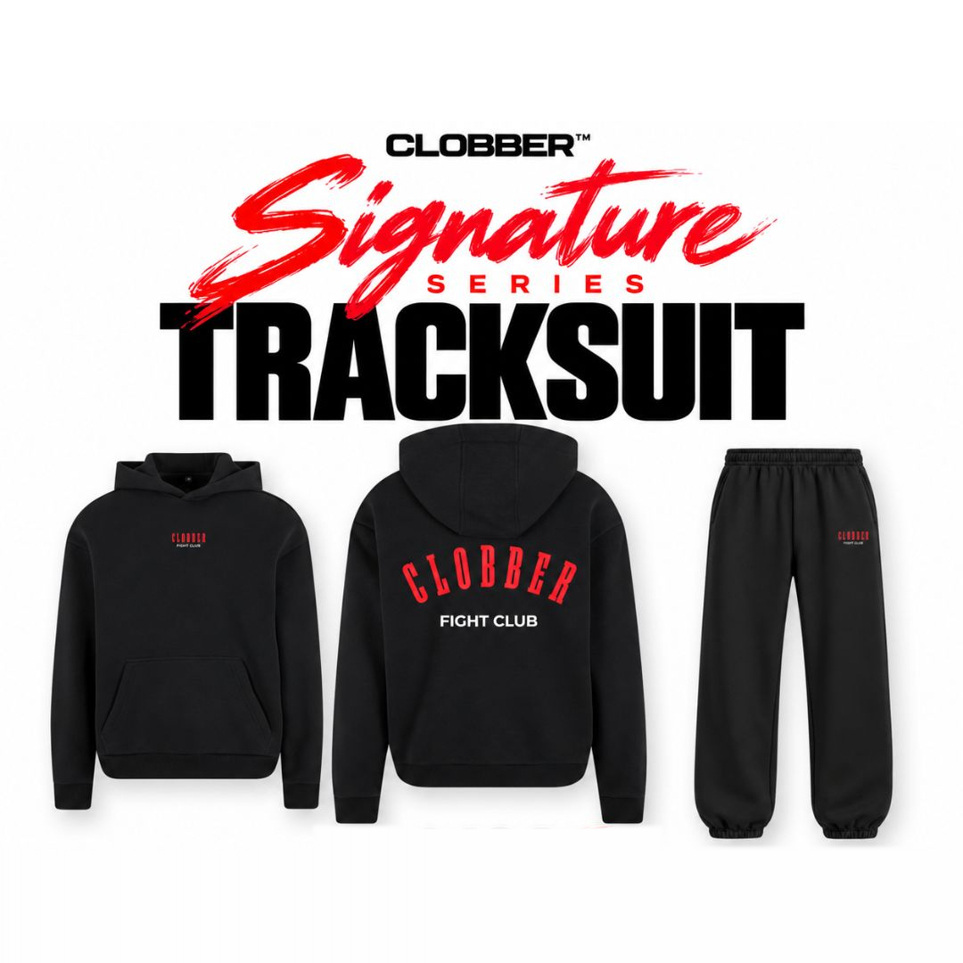 CLOBBER™ Signature tracksuit collection graphic showing hoodie and joggers